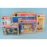 Various vintage Sindy items including a boxed Motorcycle, Action Kitchen Unit,