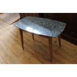 A mid Century teak base occasional table with formica top and name plate for G.