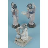 Two Lladro porcelain oriental girl figurines, one with single fan 29.