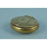 A rare Queen Anne dated oval brass puzzle tobacco box,