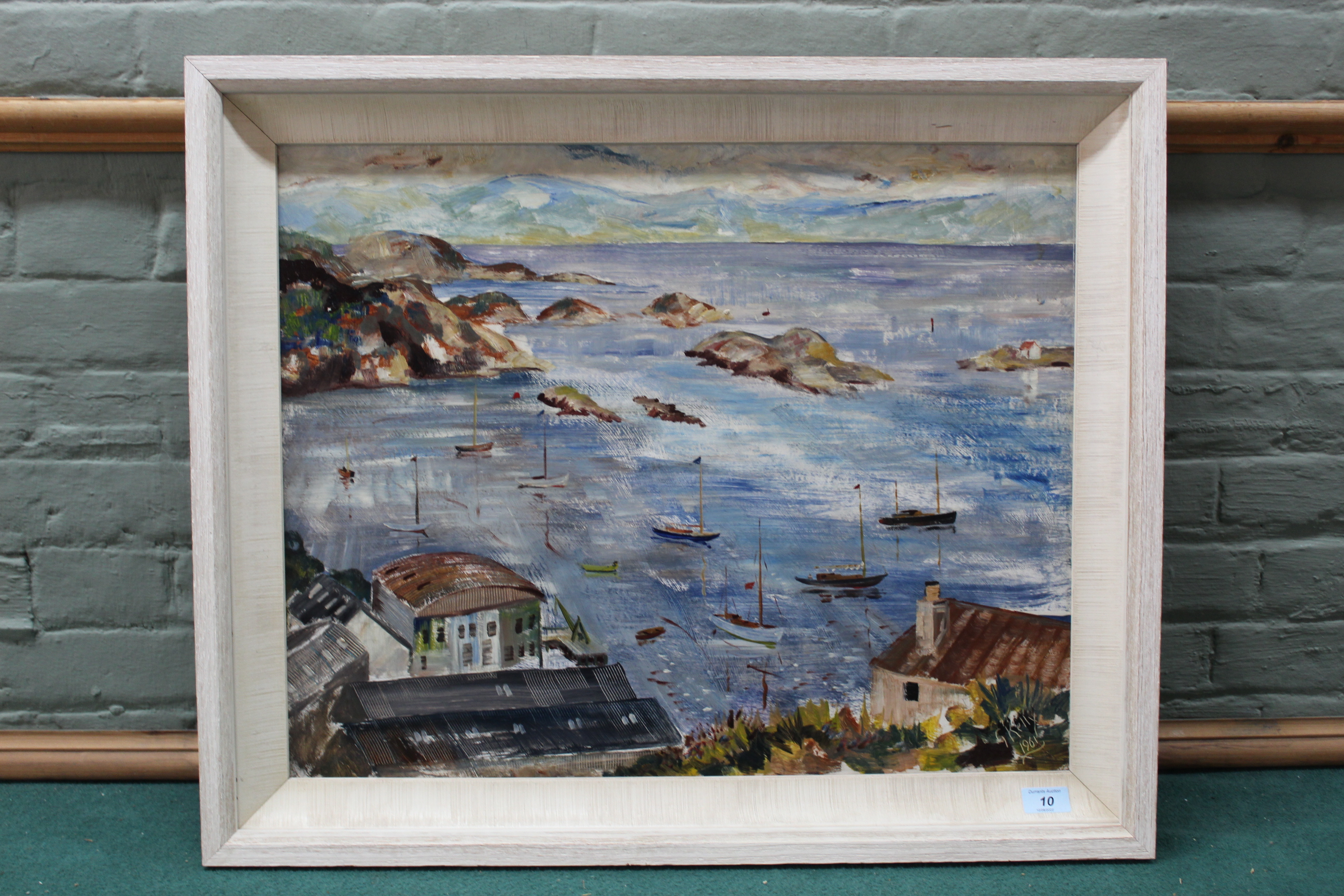 A framed oil on board 'The Harbour, Tarbert' by George Kelly, signed 'G Kelly 1961',