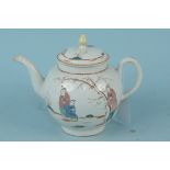 An 18th Century Liverpool porcelain lidded teapot with chinoiserie decoration of figures in