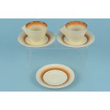 Clarice Cliff Bizarre 'Stripes' pattern, two cups and three saucers (some wear to paint,