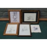 Five small framed E.H.Shepherd (1879-1976) Winnie the Pooh prints of pencil sketches, the largest 9.
