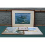 A framed watercolour of a beach scene with a man reading in a deck chair with bathers,