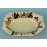 Clarice Cliff Art Deco period Fantasque 'Trees and House' pattern oblong bowl,