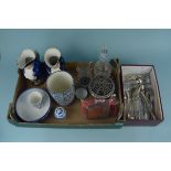 A mixed box of items including a pair of Staffordshire Toby jugs, blue and white china,