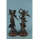 A pair of late 19th Century French spelter female figures on faux marble bases