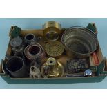 A box of mixed metal wares including a Chinese silver overlaid part tea set,