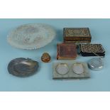 A mixed lot including a silver plated fruit dish, a pewter peacock dish, an inlaid box,