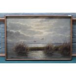 A framed oil on canvas of an evening lakeside scene with reeds in the foreground and mallards