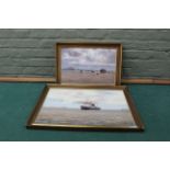 Two framed oil paintings on board of marine subjects with ships offshore and an American ship the