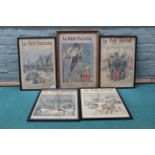 A set of three late 19th Century French framed illustrated supplement covers from Le Petit Journal