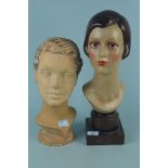 A 1920's terracotta female bust plus and Art Deco style female bust on plinth