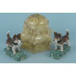 An Art Deco blond marbled glass lamp shade plus a pair of Art Deco Scottie dog bookends (no damage