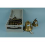 A brass octant by Henry Barrow & Co London in a later box plus two brass ships bells