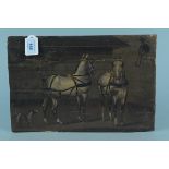 A 19th Century unframed oil on paper laid on board of a pair of grey horses in a stable with dog
