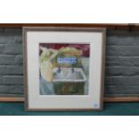 A framed watercolour 'Woman at her Toilet' signed P Folkes, labels on verso,