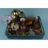 A mixed lot of items including brass and plated ware, two wooden boxes, coloured glass vases,