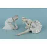 A Lladro porcelain figurine of a girl with slippers plus a ballerina (one finger missing)
