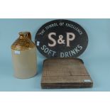 An S & P soft drinks metal sign, , a shove halfpenny board plus a stoneware jug