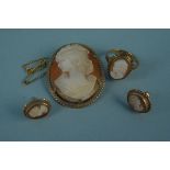 A 9ct gold cameo set brooch with similar earrings and ring, total weight approx 13.