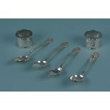 Four Victorian Scottish silver teaspoons plus two silver napkin rings,