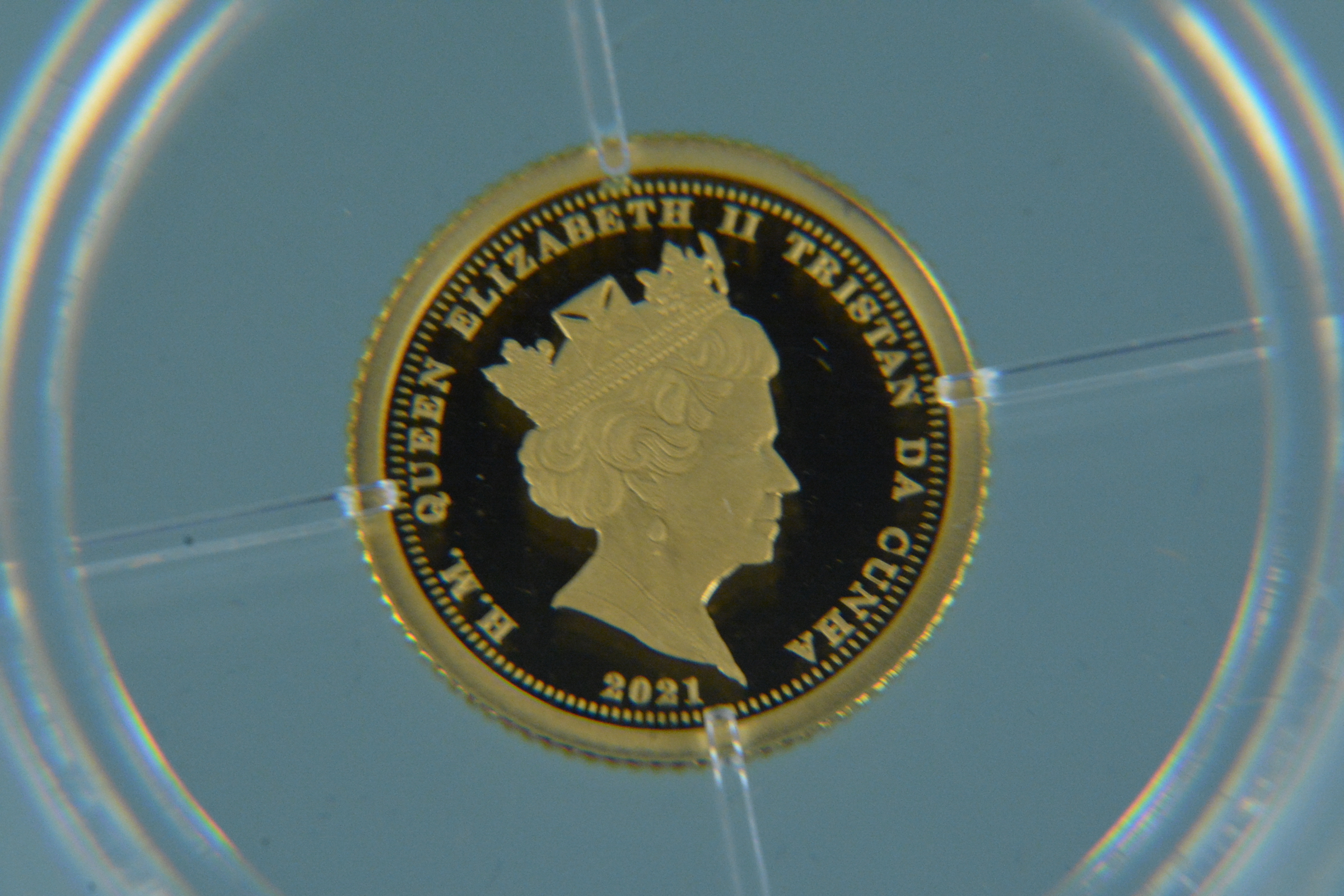 A 2021 Tristan da Cunha Queens 95th birthday 24ct gold proof £5 coin with certificate, - Image 3 of 3