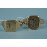 Two 9ct gold signet rings, one set with small diamond and initial A,