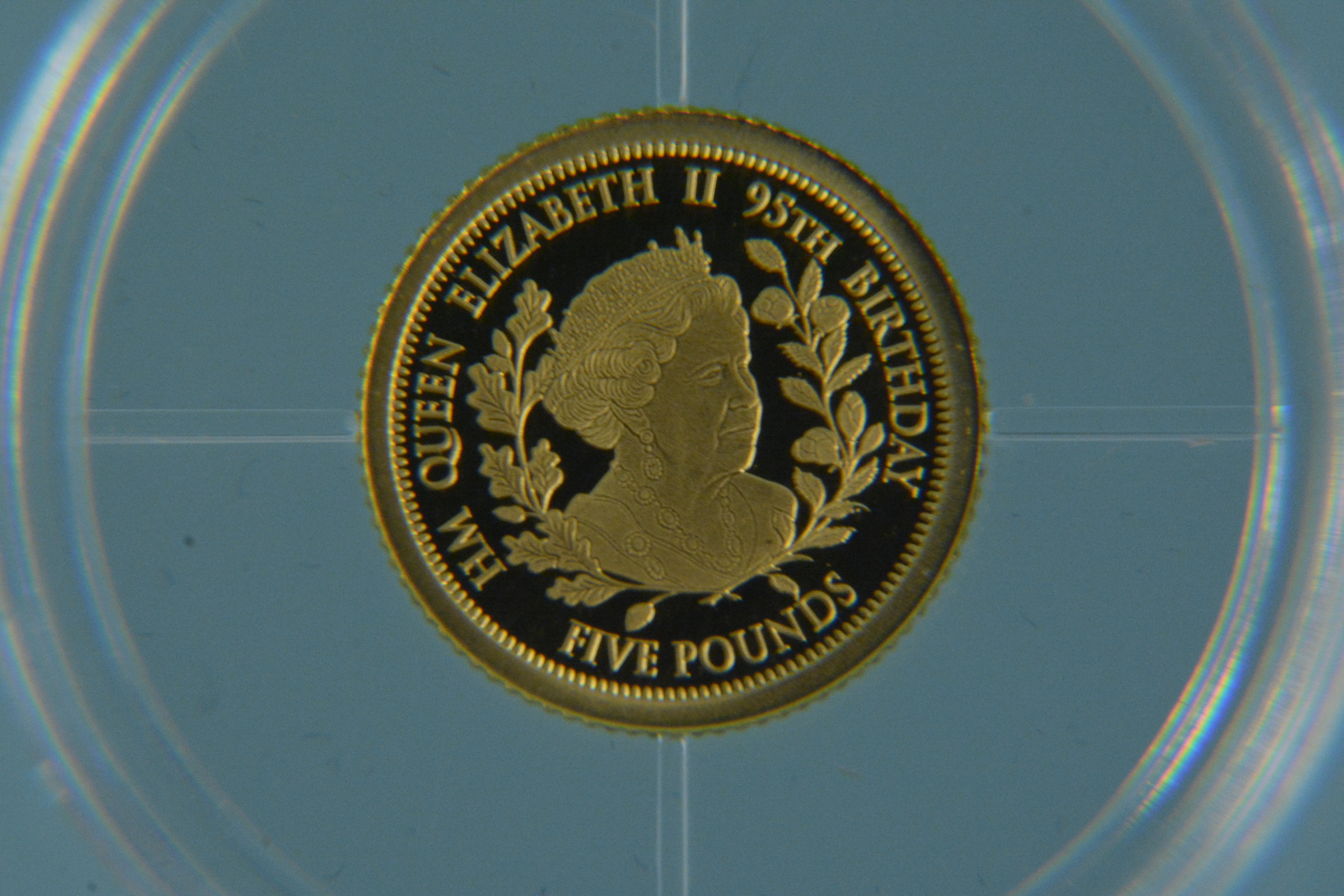A 2021 Tristan da Cunha Queens 95th birthday 24ct gold proof £5 coin with certificate, - Image 2 of 3