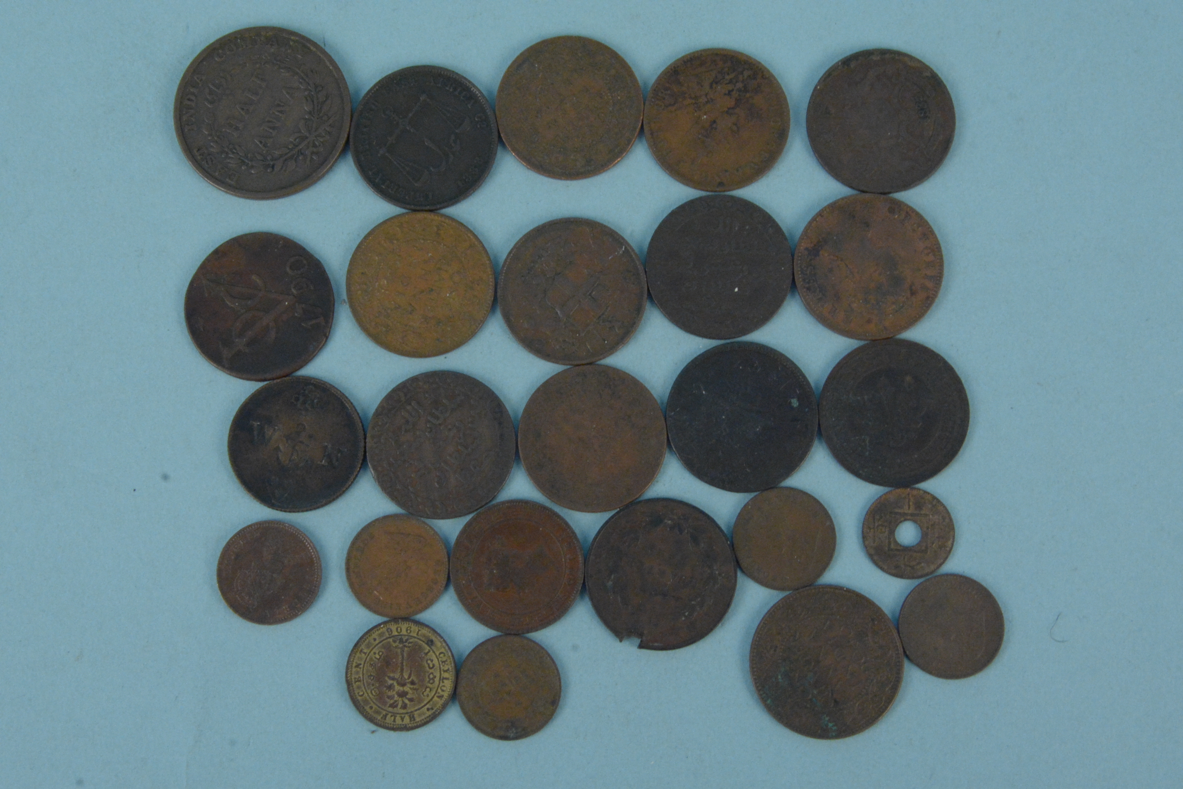 A group of World copper coins including East India Company half Anna 1835, Hong Kong 1863 Mil,