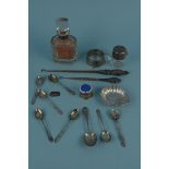 A mixed lot of silver and white metal items including a set of six silver teaspoons,