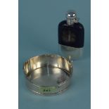 A white metal bucket form dish together with a silver plated glass hip flask