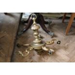 A heavy 19th century Dutch style 5 branch brass chandelier with scrolling arms and gadrooned