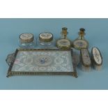 Vintage lace inlaid dressing table set with cut glass powder pots with embroidered inserts (as