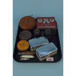 Various items to include a vintage treble tape measure, advertising tins, opera glasses,