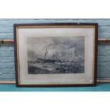 A large late 19th Century black and white print of ships off rocky shore with supply boats in