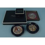 Three framed pot lids including The Village Wedding plus a boxed set of Wingfield Digby pheasant
