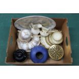 A box of mixed ceramics including two part tea sets, one Tuscan china, a blue and white meat plate,