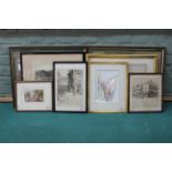 A selection of prints and watercolours including a framed street scene signed Sidney North,