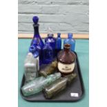 Mixed vintage glass bottles including QEII 1977 Bristol blue decanter, various blue glass bottles,