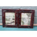 A pair of vintage Japanese Shibayama decorated frames containing hand tinted photographs of two