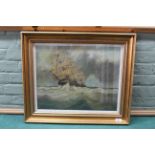 A framed oil of a fully rigged ship at sea, signed 'J M Birchall 27',