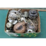 A large box of mixed metal wares including a seamed copper kettle, silver plate,