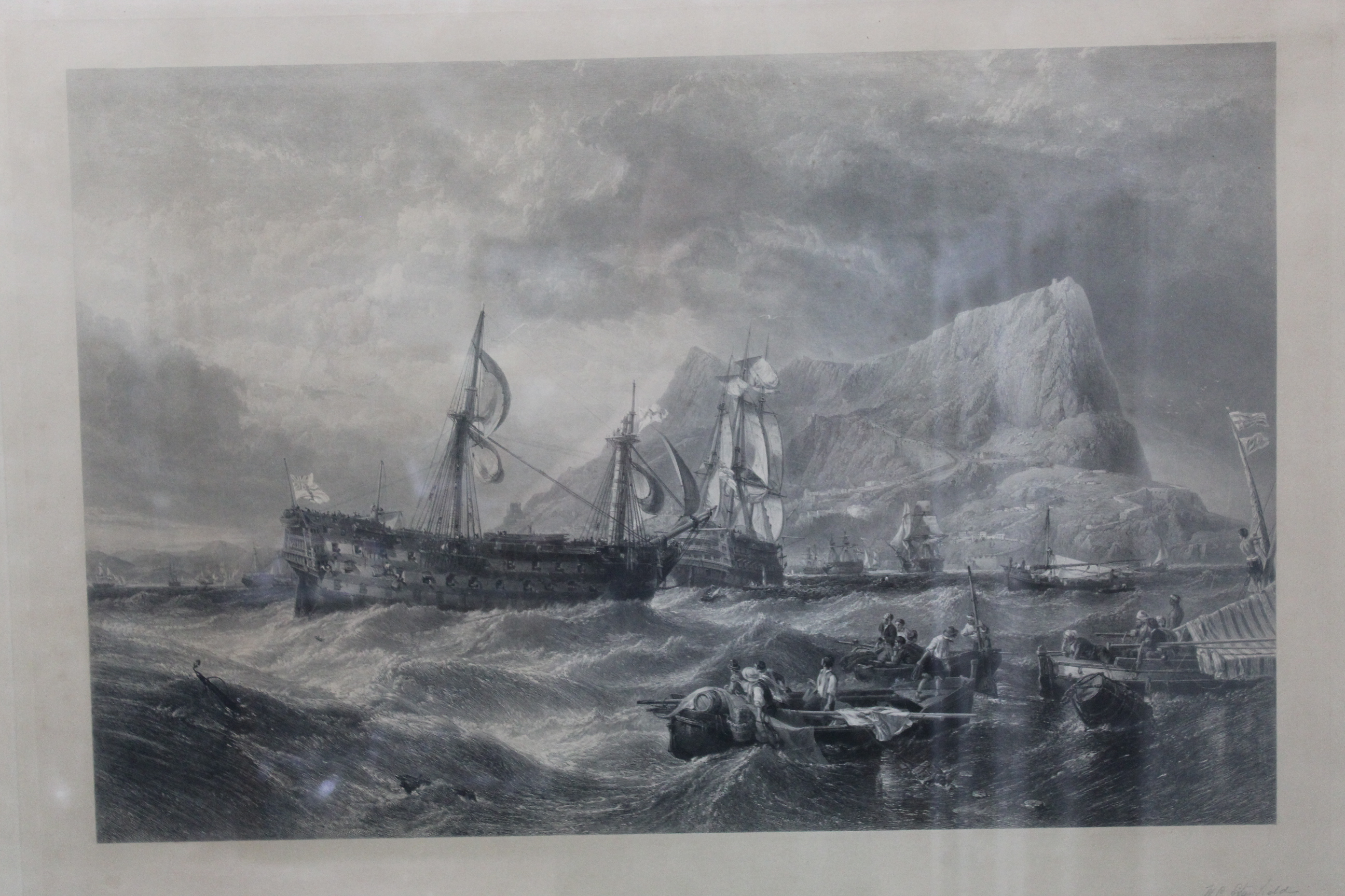 A large late 19th Century black and white print of ships off rocky shore with supply boats in - Image 2 of 4