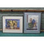 Two watercolour paintings by Chas T J Dainty, one of flowers, the other of bottles by a window,