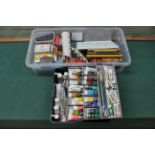 Two boxes of artist's materials including oil paints, brushes,