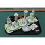 A vintage continental porcelain dressing table set (a few chips and ring tray as found),