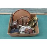 A box of mixed metalware including a 19th Century seamed copper jug,