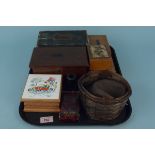 A vintage wooden money box, various wood and leather covered boxes,